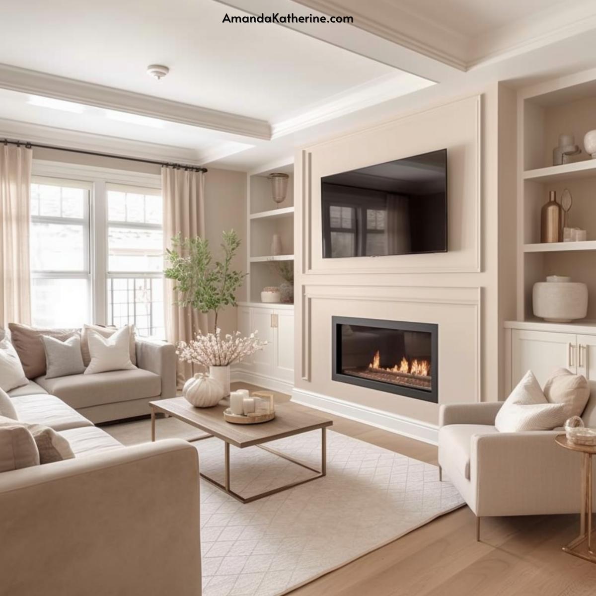 31 Stunning Fireplace Wall Ideas with a TV for Your Living Room - beige living room