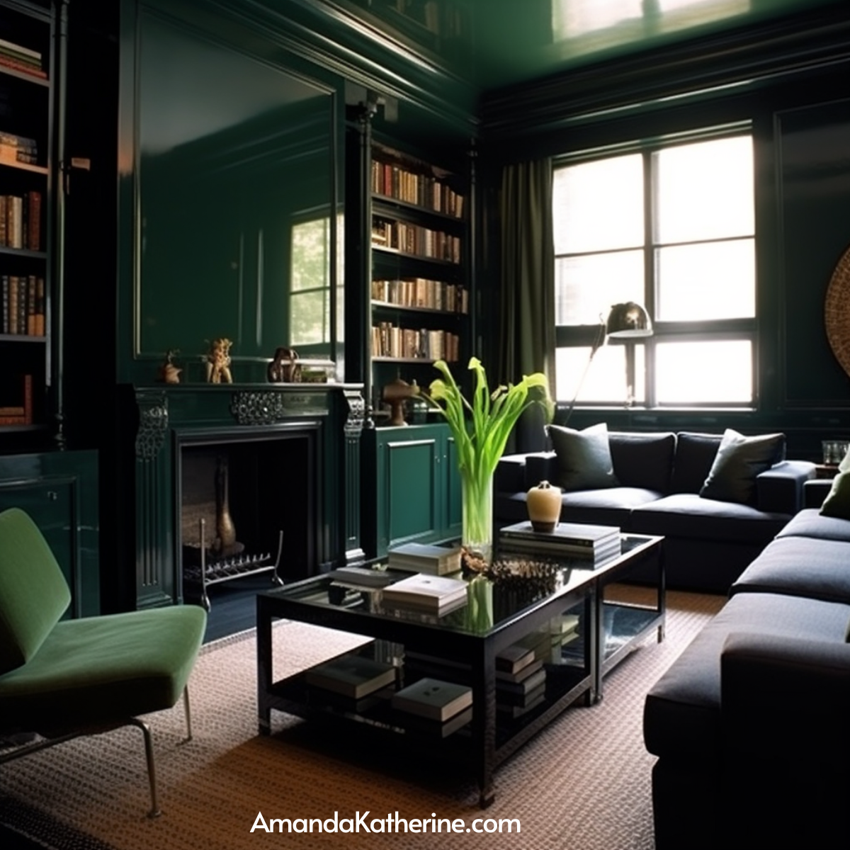 31 Stunning Fireplace Wall Ideas with a TV for Your Living Room | green and black fireplace