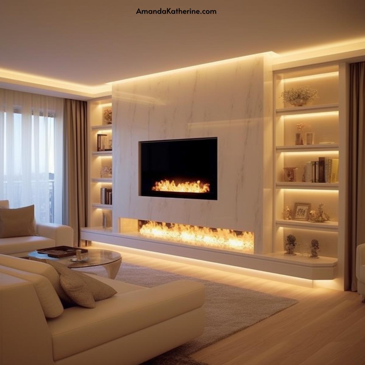 31 Stunning Fireplace Wall Ideas with a TV for Your Living Room | bumped out fireplace with white marble