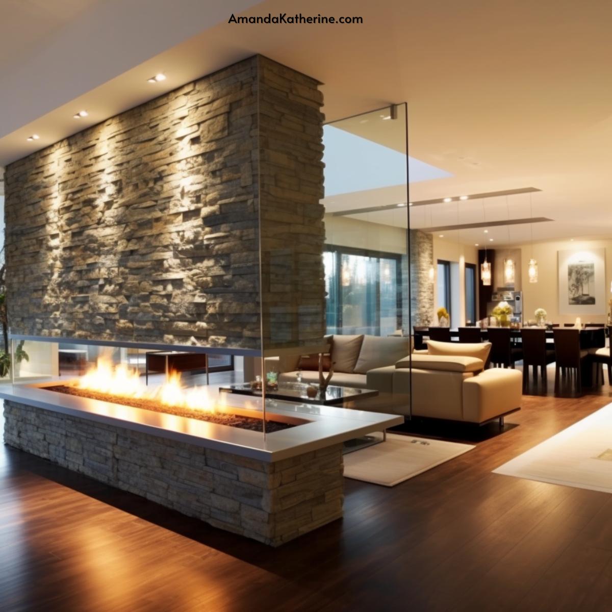 31 Stunning Fireplace Wall Ideas with a TV for Your Living Room | transparent fireplace