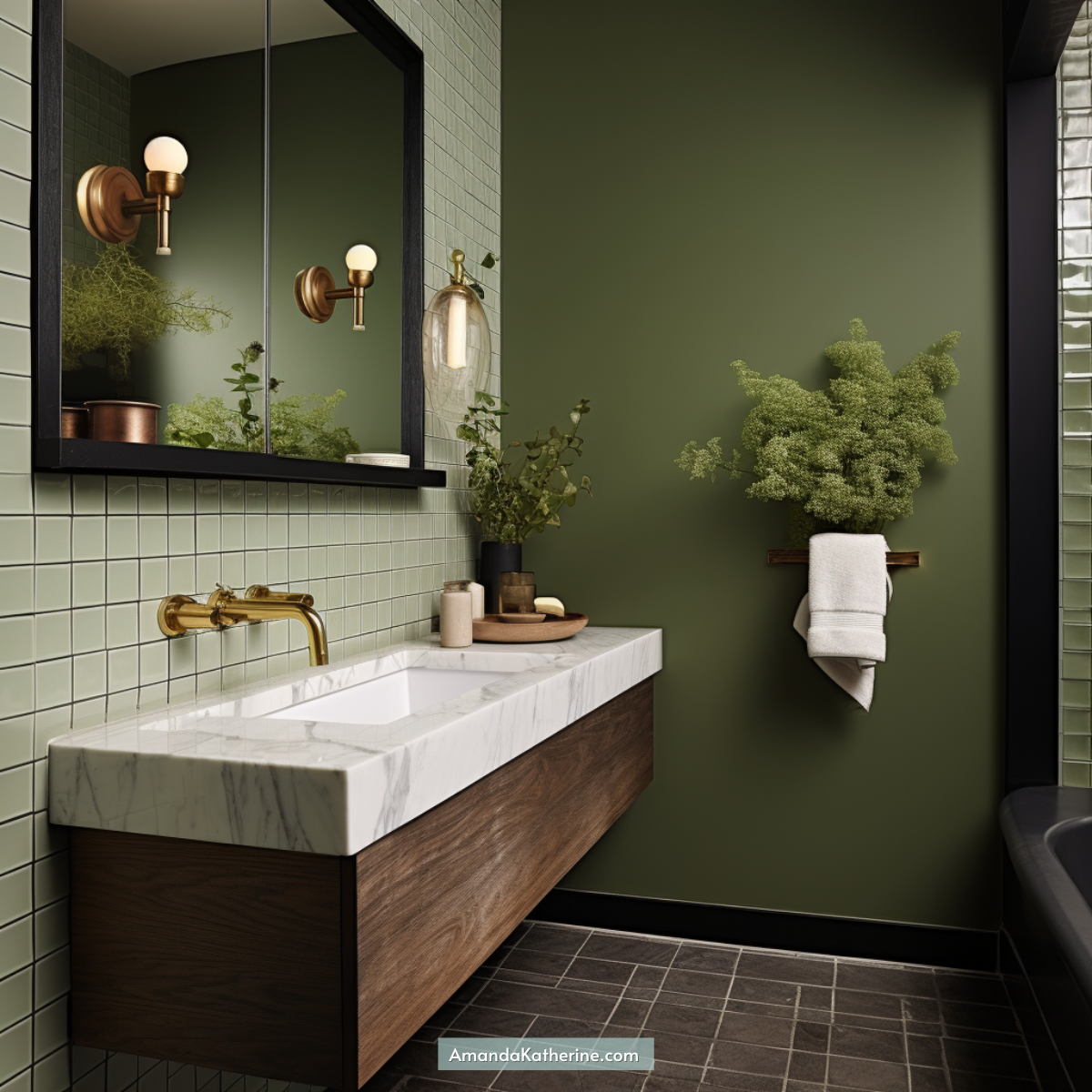 light olive green color scheme and wood